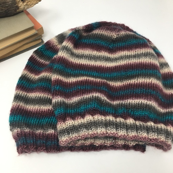 Handknitted Striped Burgundy Teal Cream Grey Ribbed Edge Unisex Slouchy Hat - Picture 11 of 16